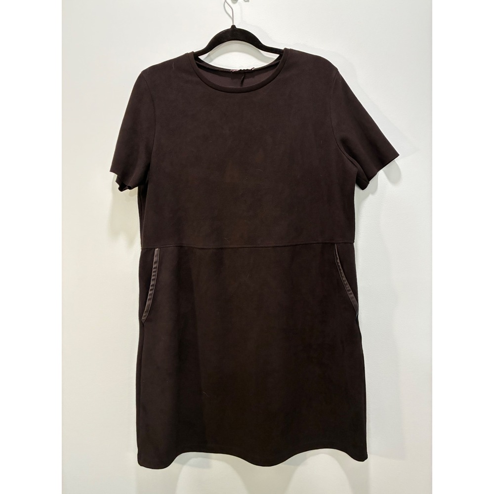 Zara Women Faux Suede Short Sleeve Shift Dress Brown Black Pockets Size L